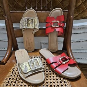 Sandal Lot Leather Red Gold Foil Textured Big Buckle Velcro Sz 7 Slide Mule